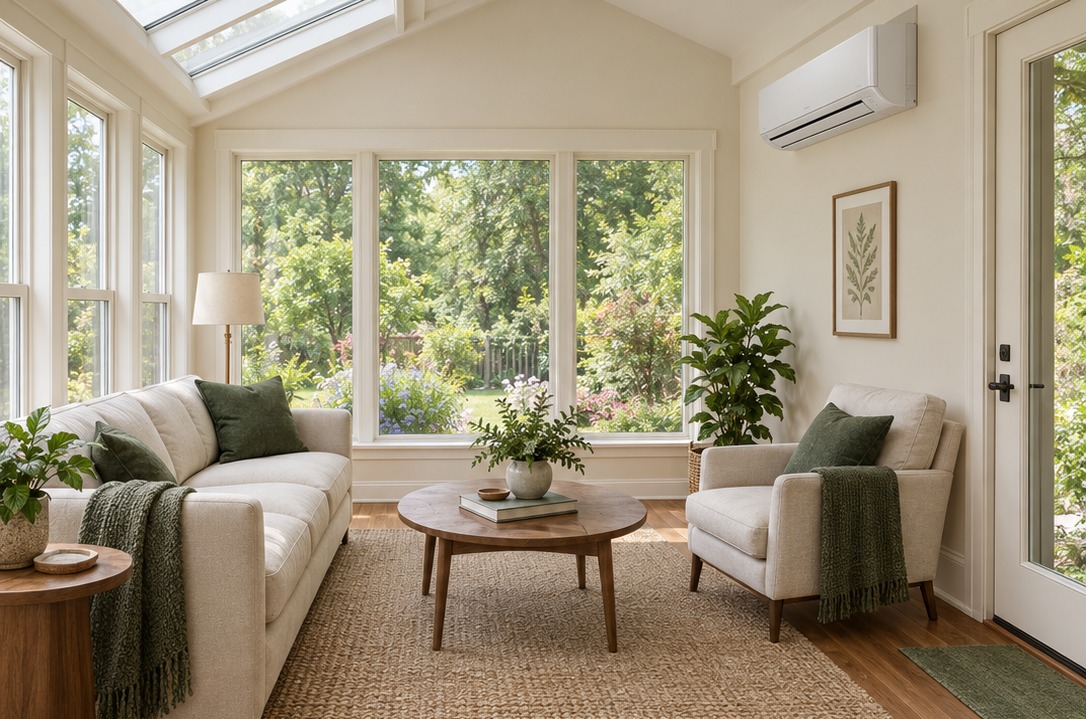 Illustration of a sunroom with a ductless indoor unit