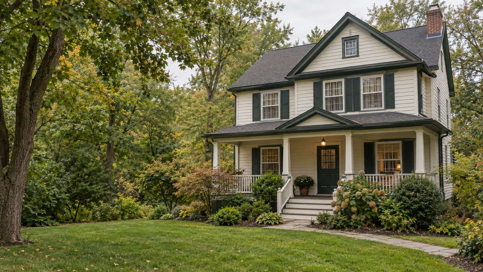 Illustration of a tree-lined traditional home