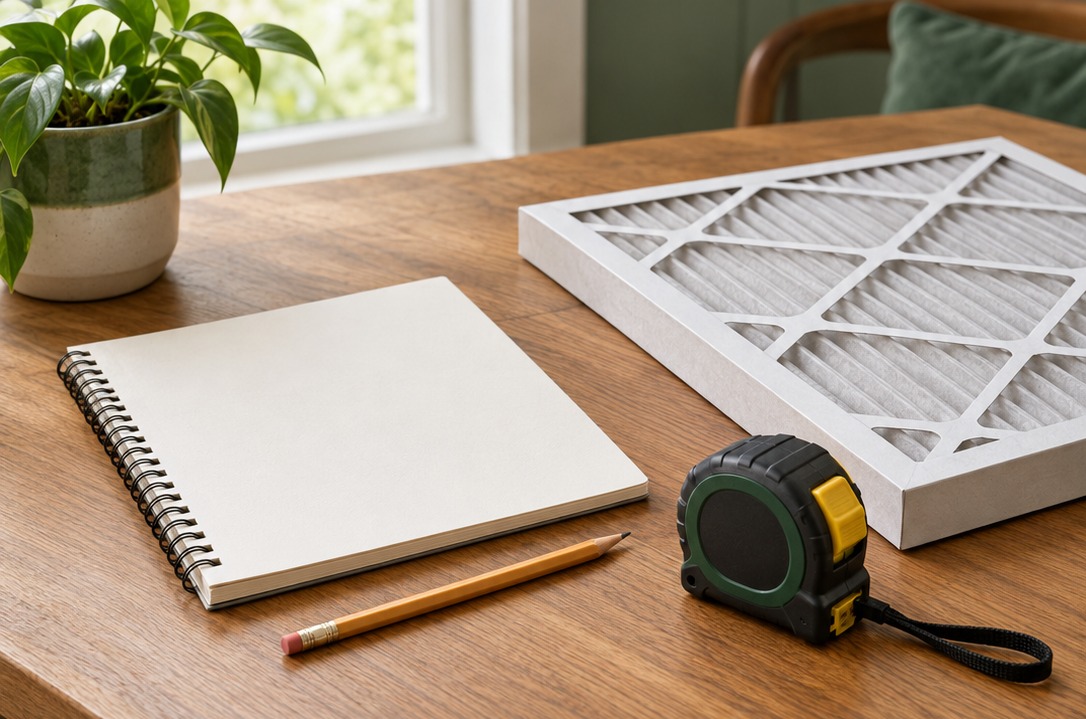 Illustration of an HVAC planning notebook and filter